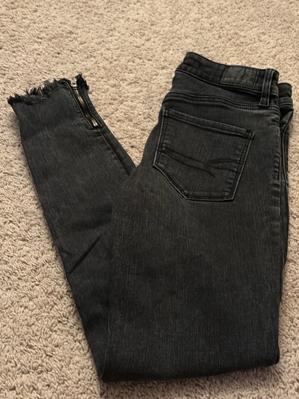 American Eagle Outfitters Black Skinny Jeans with Frayed Ankle and Side Zip